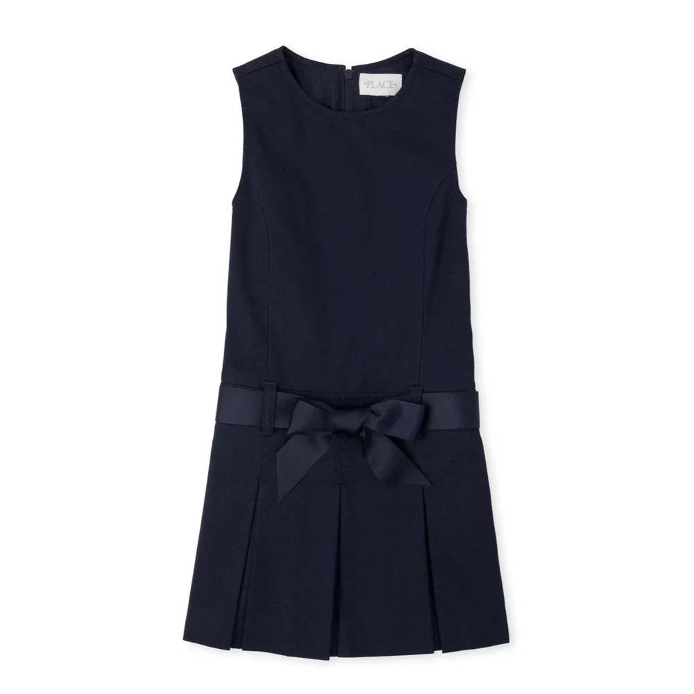 The Childrens Place Girls Navy Blue Pleated School Uniform Jumper Dress Bow 18